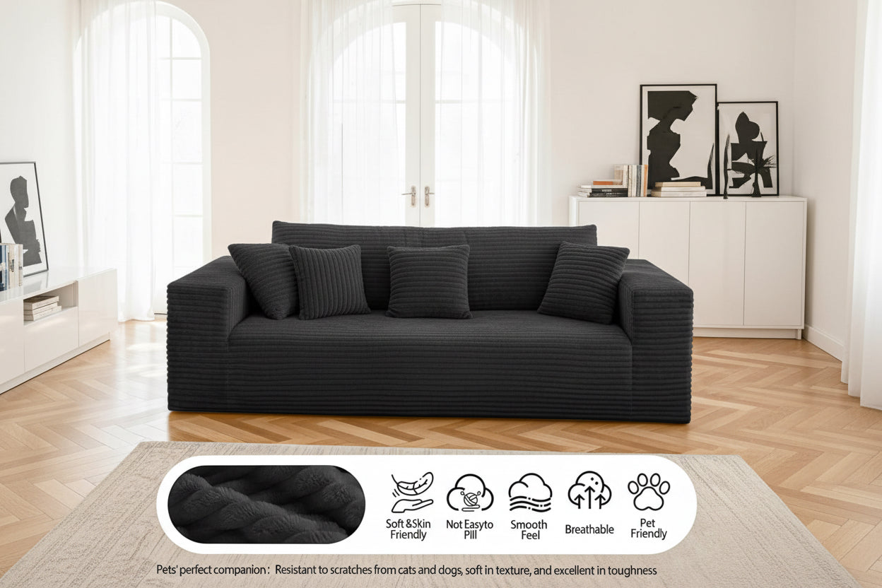 Family sitting on a black sofa in a living room with product features displayed below.