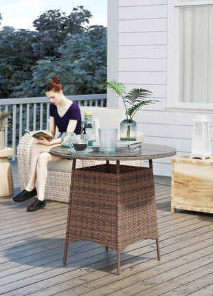 Wicker Garden Rattan Table, Patio Furniture Outdoor Coffee Table with Umbrella Hole and Tempered Glass Top, Brown-1