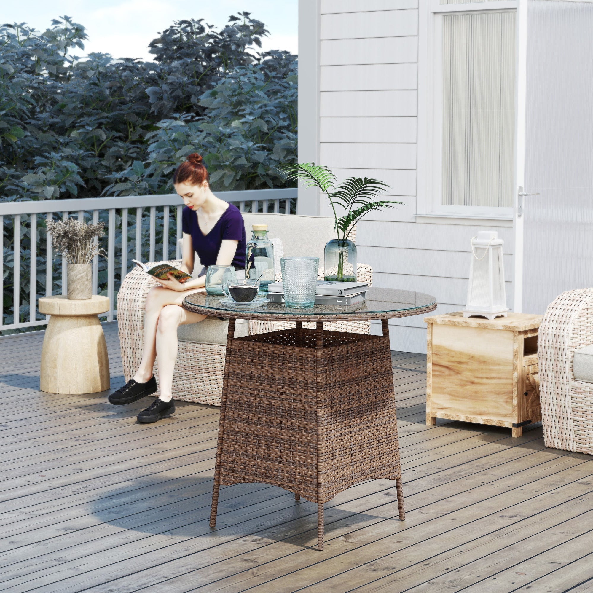 Wicker Garden Rattan Table, Patio Furniture Outdoor Coffee Table with Umbrella Hole and Tempered Glass Top, Brown-1
