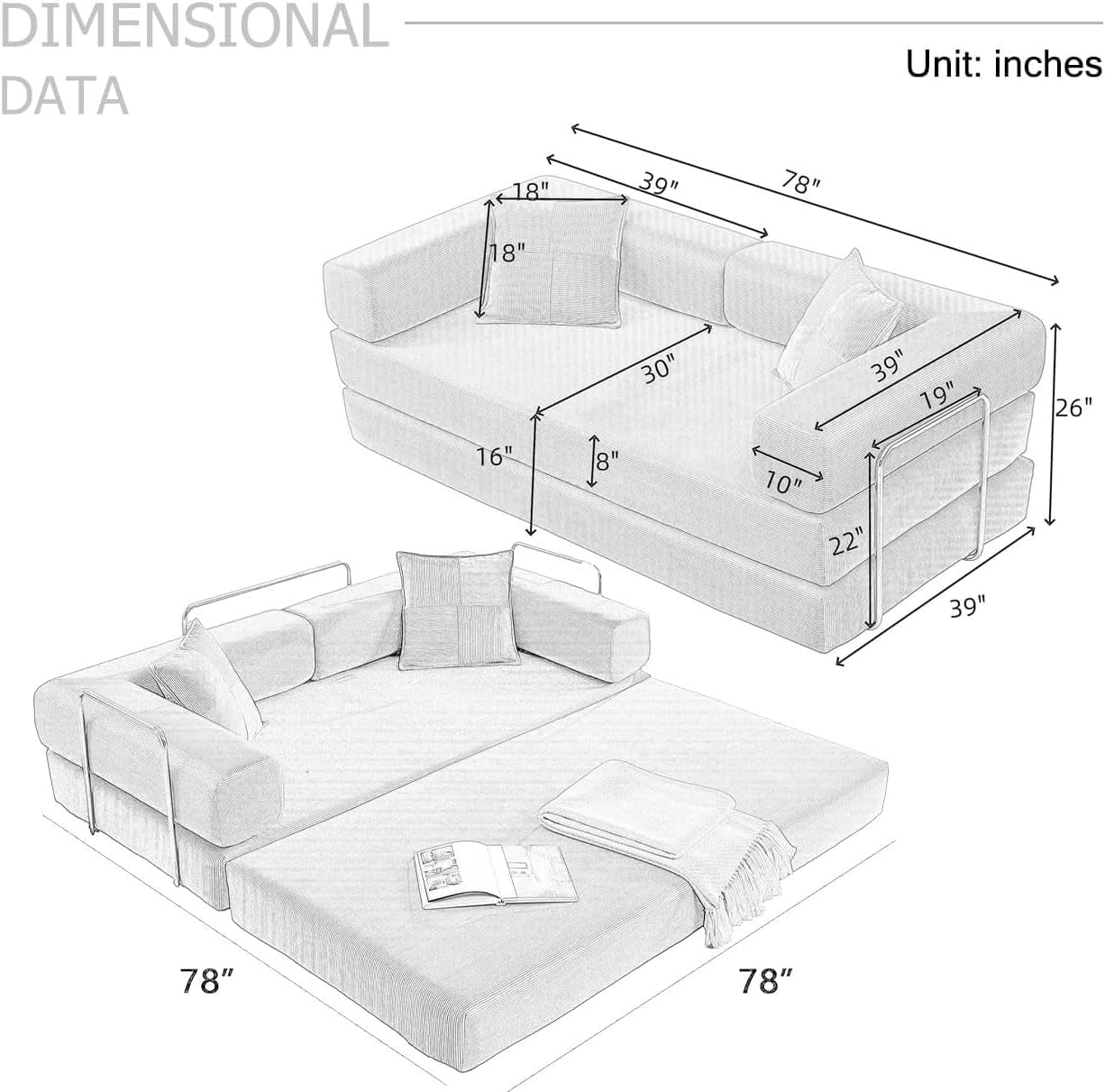Diagram of a sectional sofa with dimensions labeled in inches