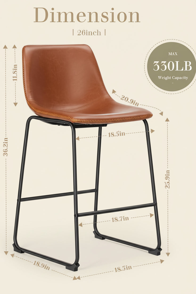 Brown bar stool with black metal legs and dimensions on a white background