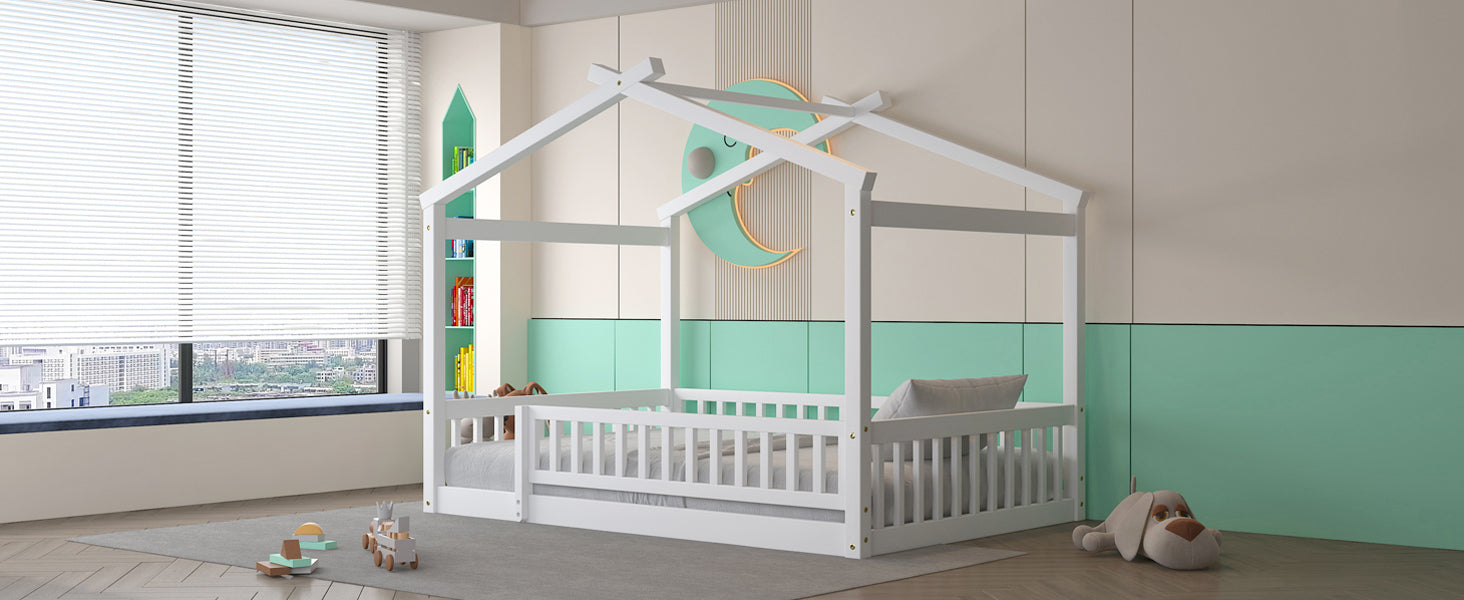 Wood Bed House Bed Frame with Fence, for Kids, Teens, Girls, Boys