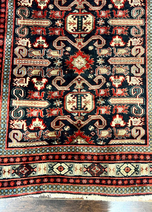Persian Wide Runner Rug 4.8 x 10, Persian Kalegi Ardabil Rug, Perpedil Caucasian Rug, Antique Handmade Wool Carpet, Navy Blue Red, Tribal Rug-4