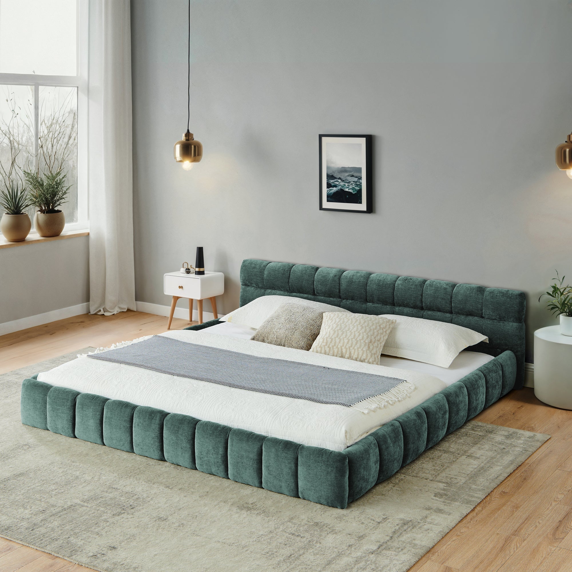 Upholstered Bed Frame with Thick Chenille Fabric, Grounded Platform