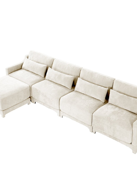 Elegant Four-Seater Sofa with Movable Ottoman in White Chenille Fabric and Ergonomic Design-0