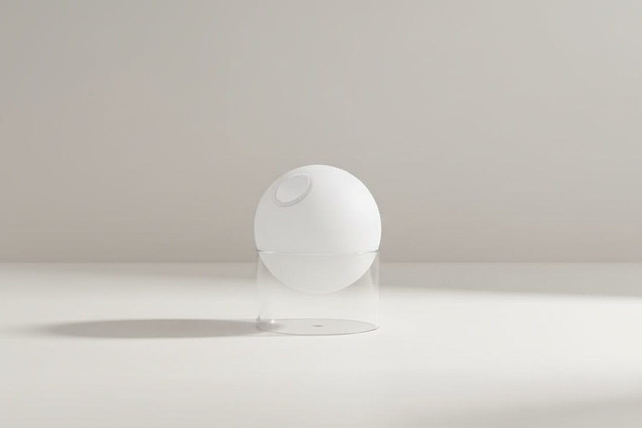 White spherical object with dimensions labeled on a white background