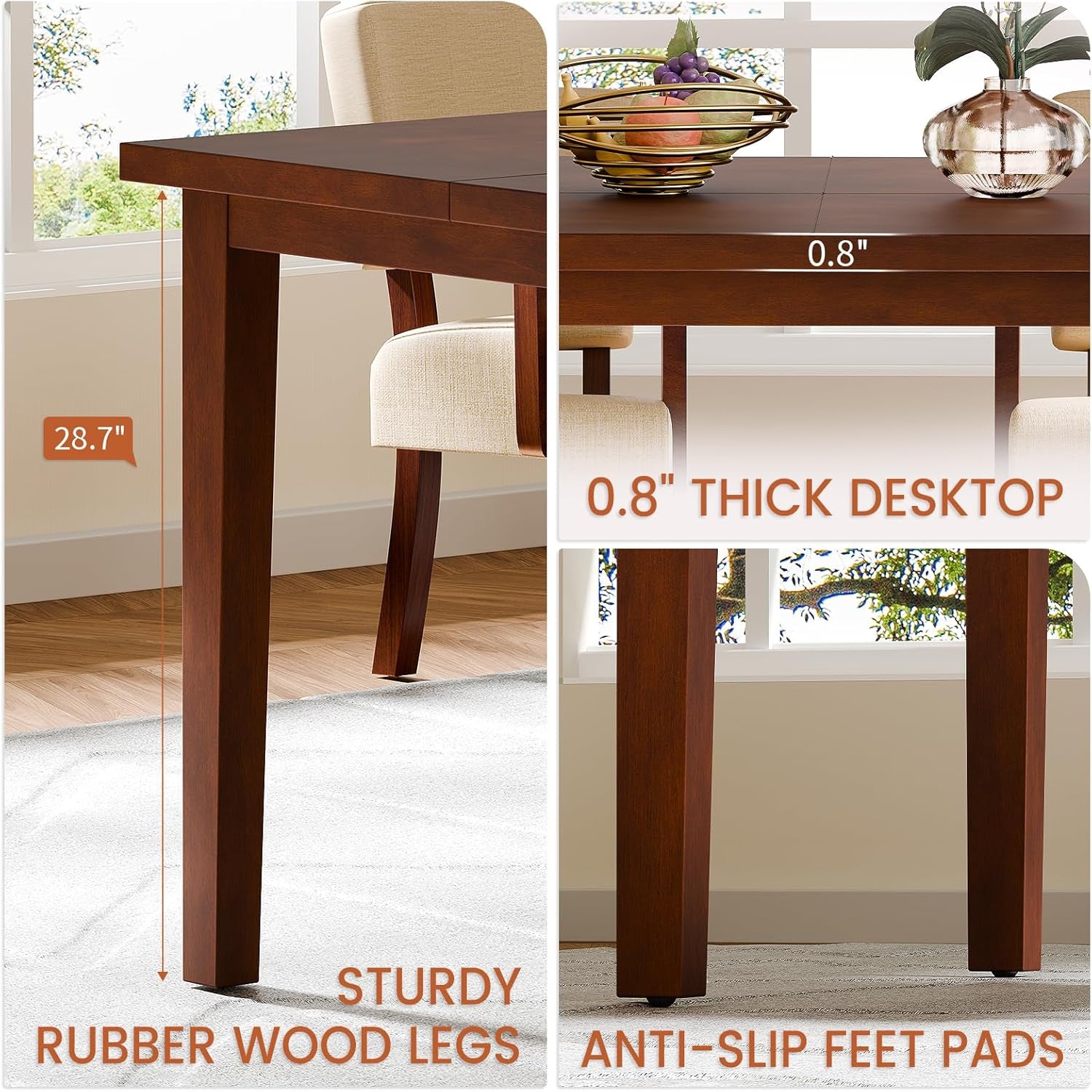Wooden dining table with measurements and features highlighted