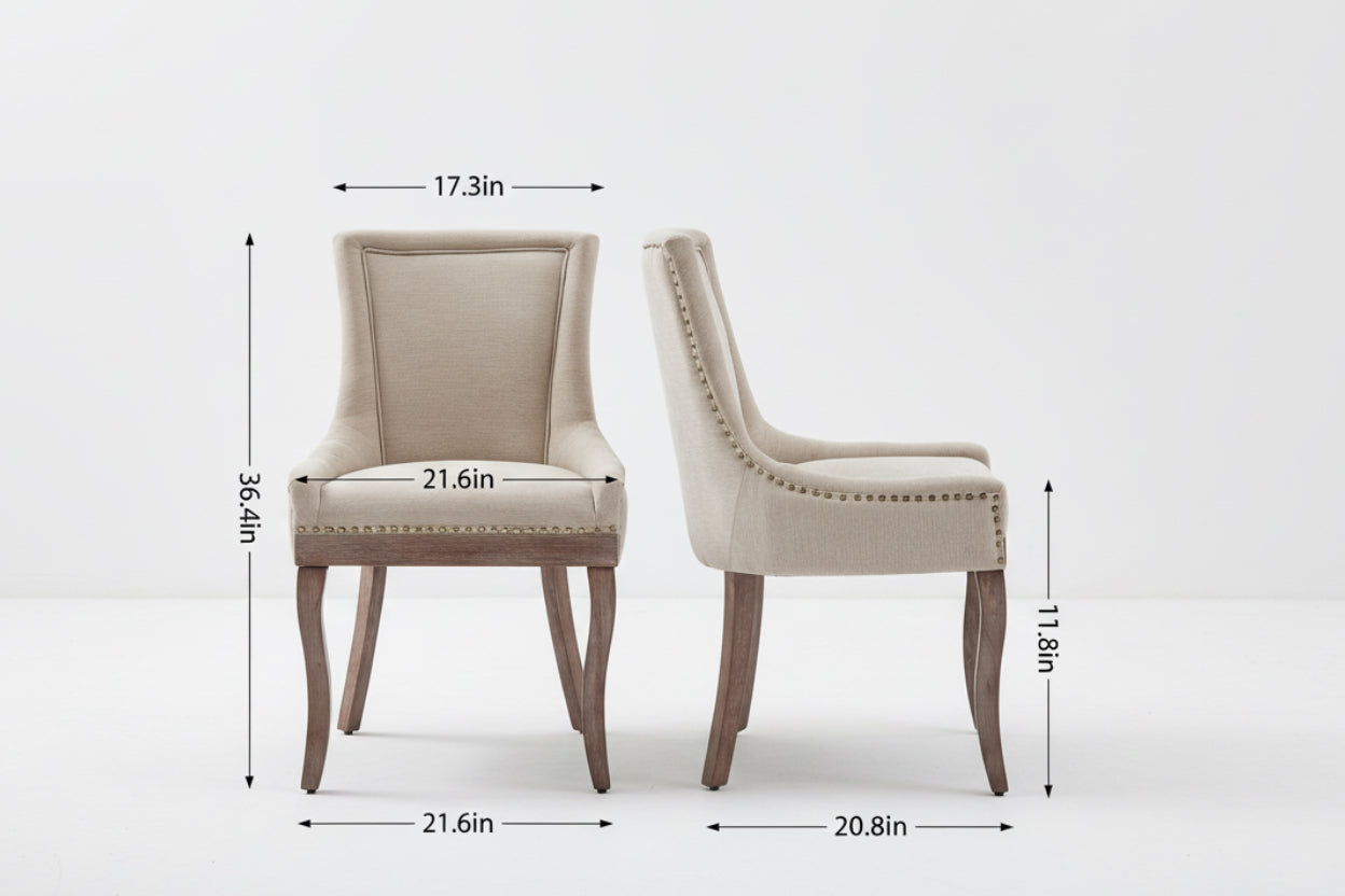 Beige dining chairs with dimensions and load capacity information on a gray background