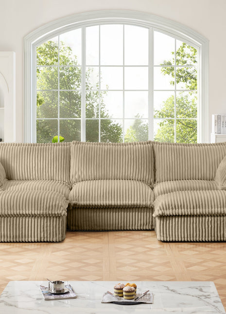 Slipcovered U Shape Sectional Deep Seat Sofa Couch, 3 Seater Sofa with French Edges Design Multiple Big Pillows, Modular Deep Seat Sectional Sofa Comfy Cloud Couch for Living Room, Apartment, Camel-1