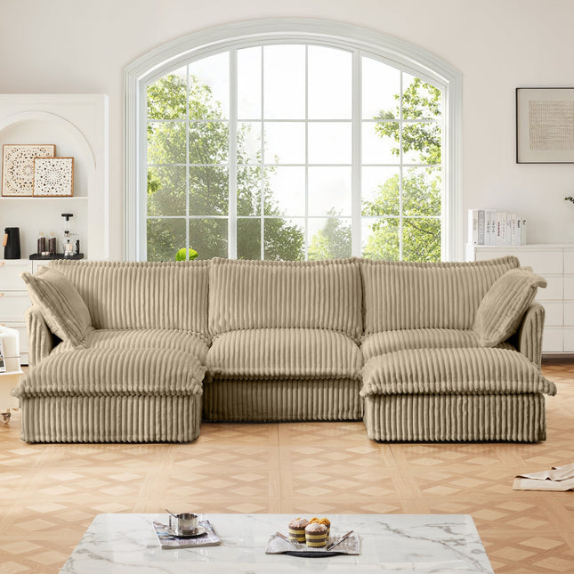 Slipcovered U Shape Sectional Deep Seat Sofa Couch, 3 Seater Sofa with French Edges Design Multiple Big Pillows, Modular Deep Seat Sectional Sofa Comfy Cloud Couch for Living Room, Apartment, Camel-1