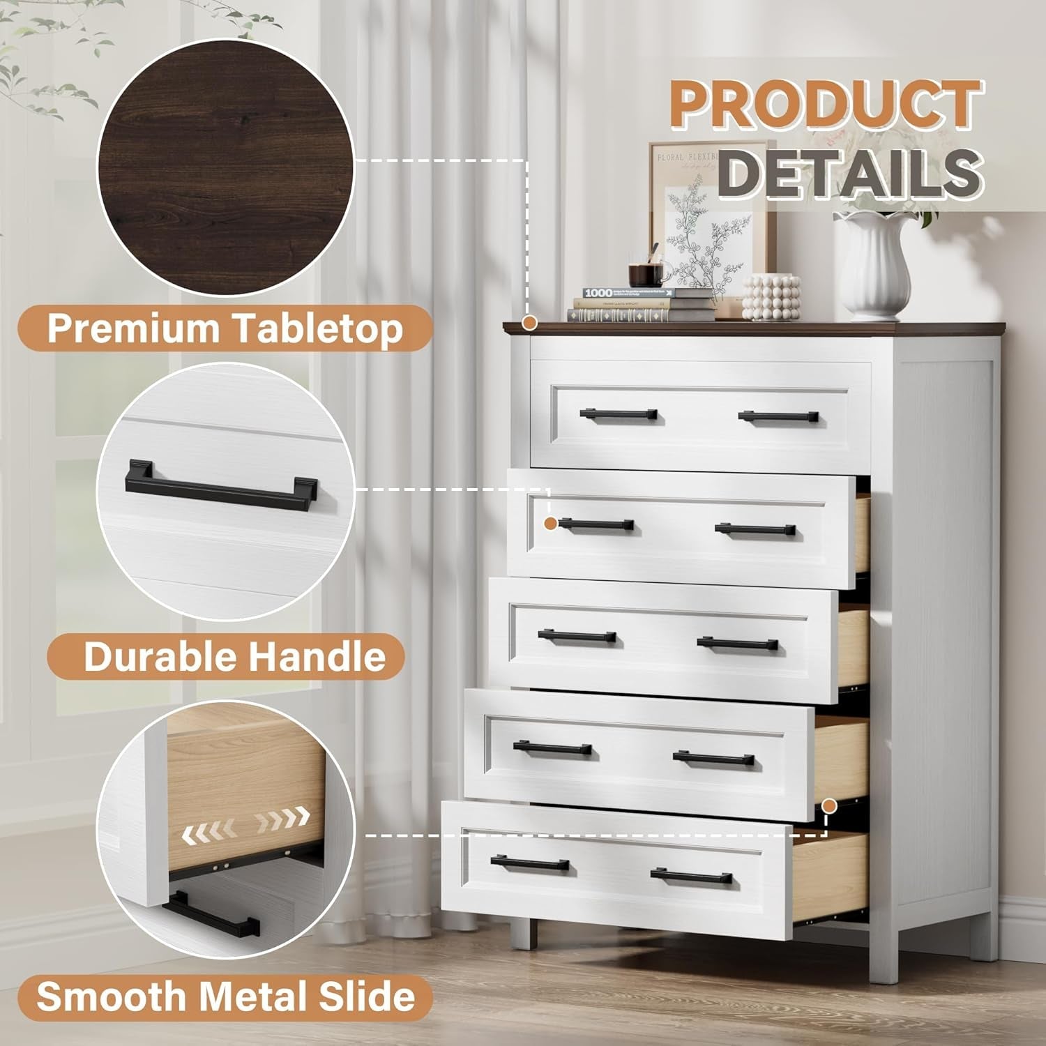 White dresser with features highlighted on a neutral background