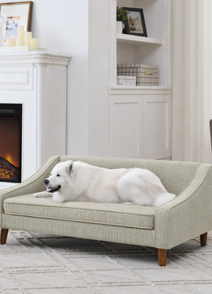 Modern Durable Elevated Dog Sofa Bed with Irregular Armrest Design, Comfortable Beige Foam Pet Sofa