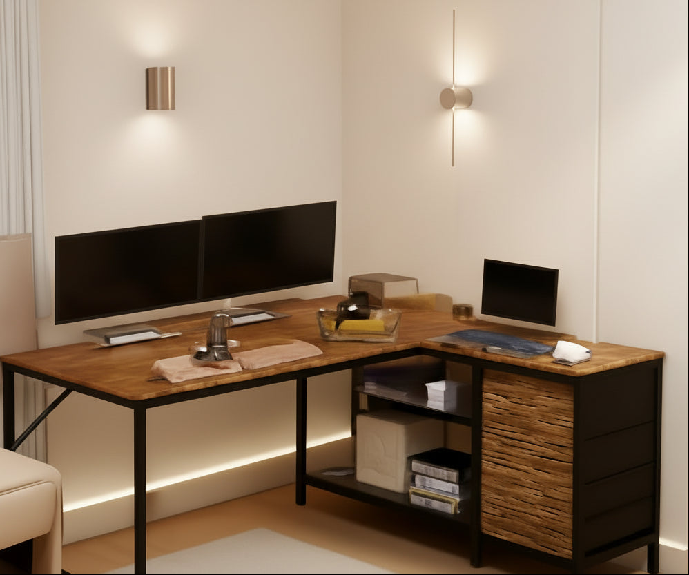 Wooden L-shaped desk with computer setup in a home office setting.