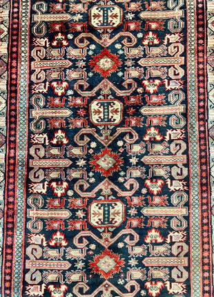 Persian Wide Runner Rug 4.8 x 10, Persian Kalegi Ardabil Rug, Perpedil Caucasian Rug, Antique Handmade Wool Carpet, Navy Blue Red, Tribal Rug-3