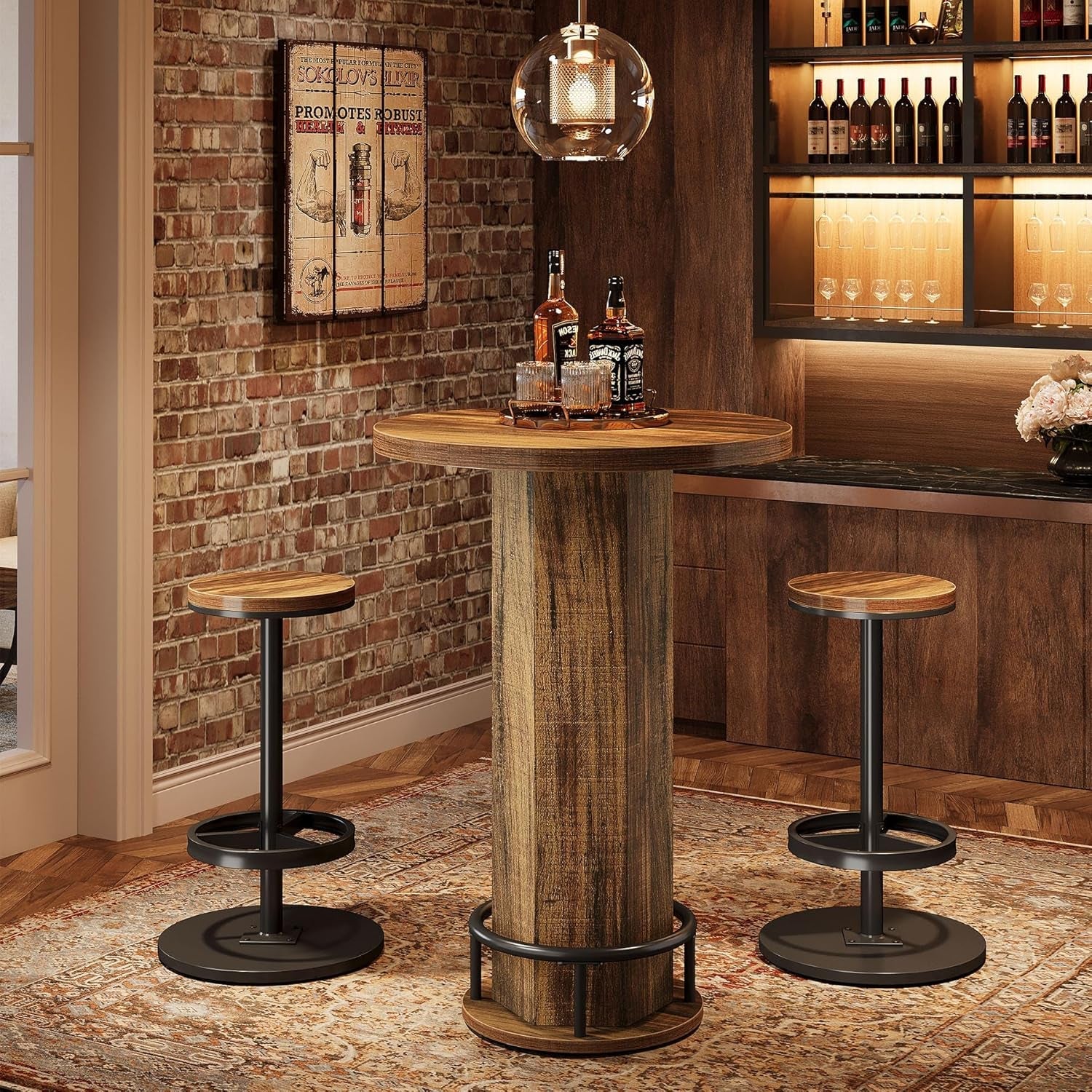 Wooden bar table with stools against a brick wall in a bar setting