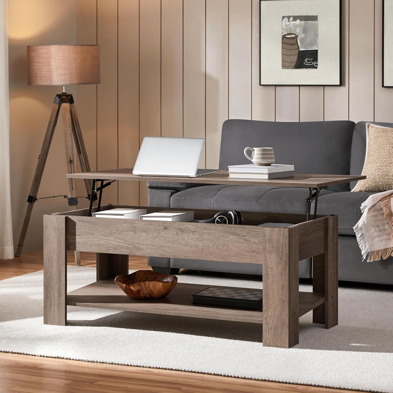 Wooden coffee table with lift-top design in a living room setting.