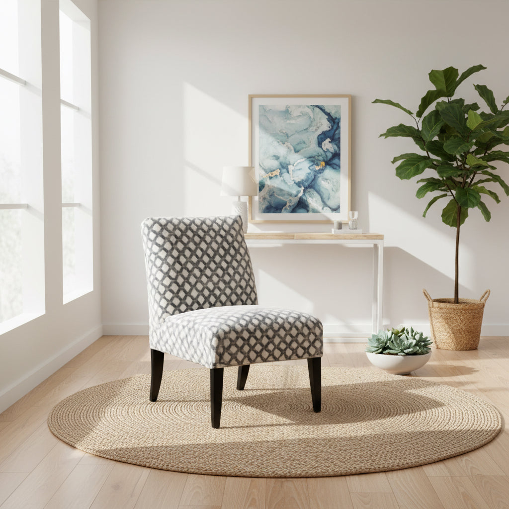 Patterned chair in a room with a lamp and nightstand.