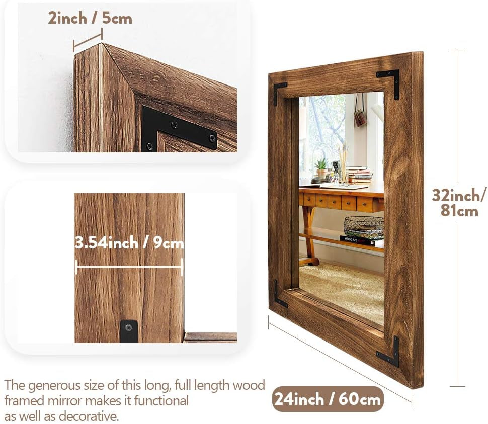 Wooden framed mirror with dimensions indicated on a white background