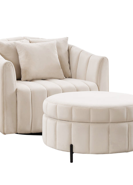 Oversized 40.35 in. Velvet Swivel Barrel Accent Chair and Ottoman Set with Storage, Beige-0