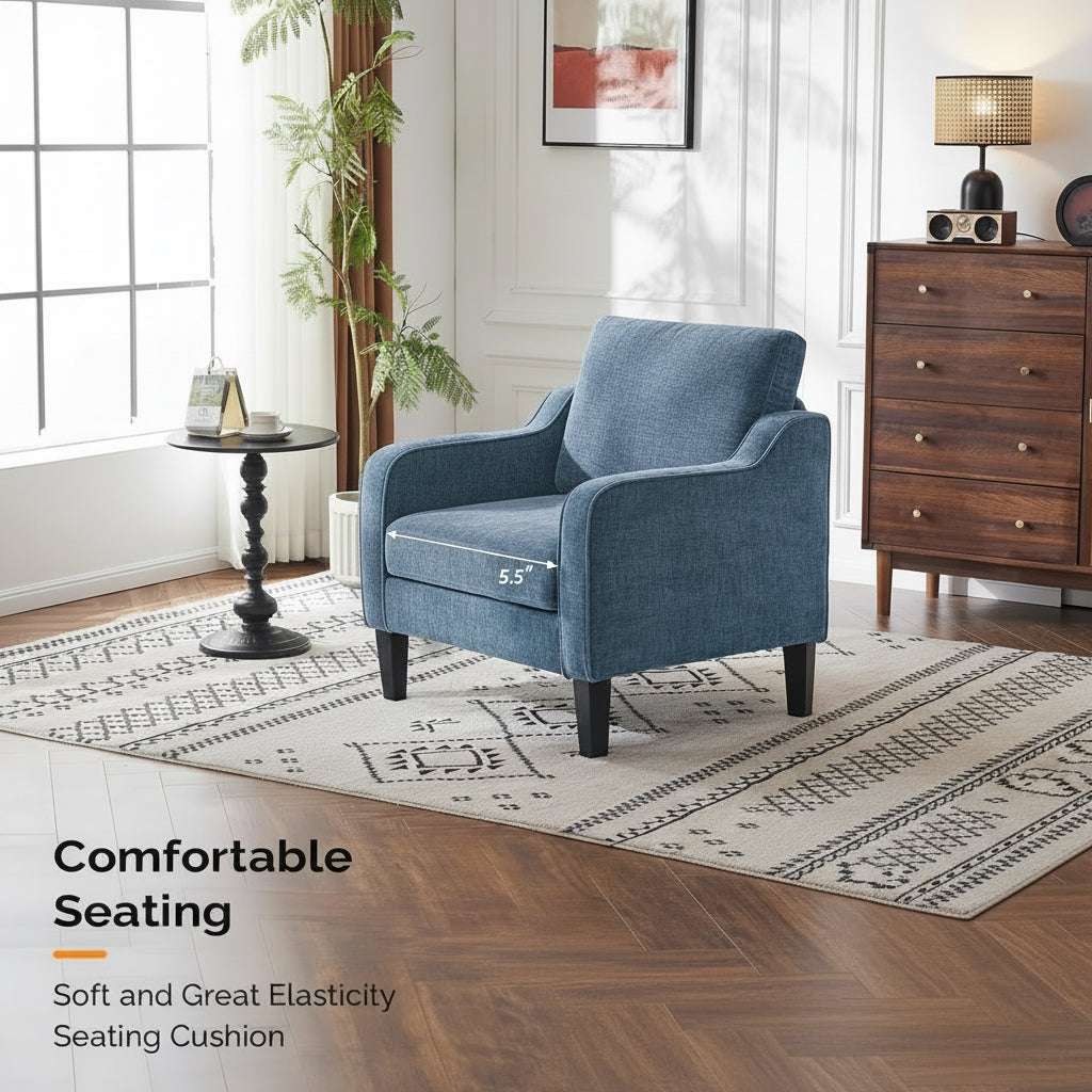 Woman relaxing on a blue armchair in a living room with text about a comfortable seating cushion.