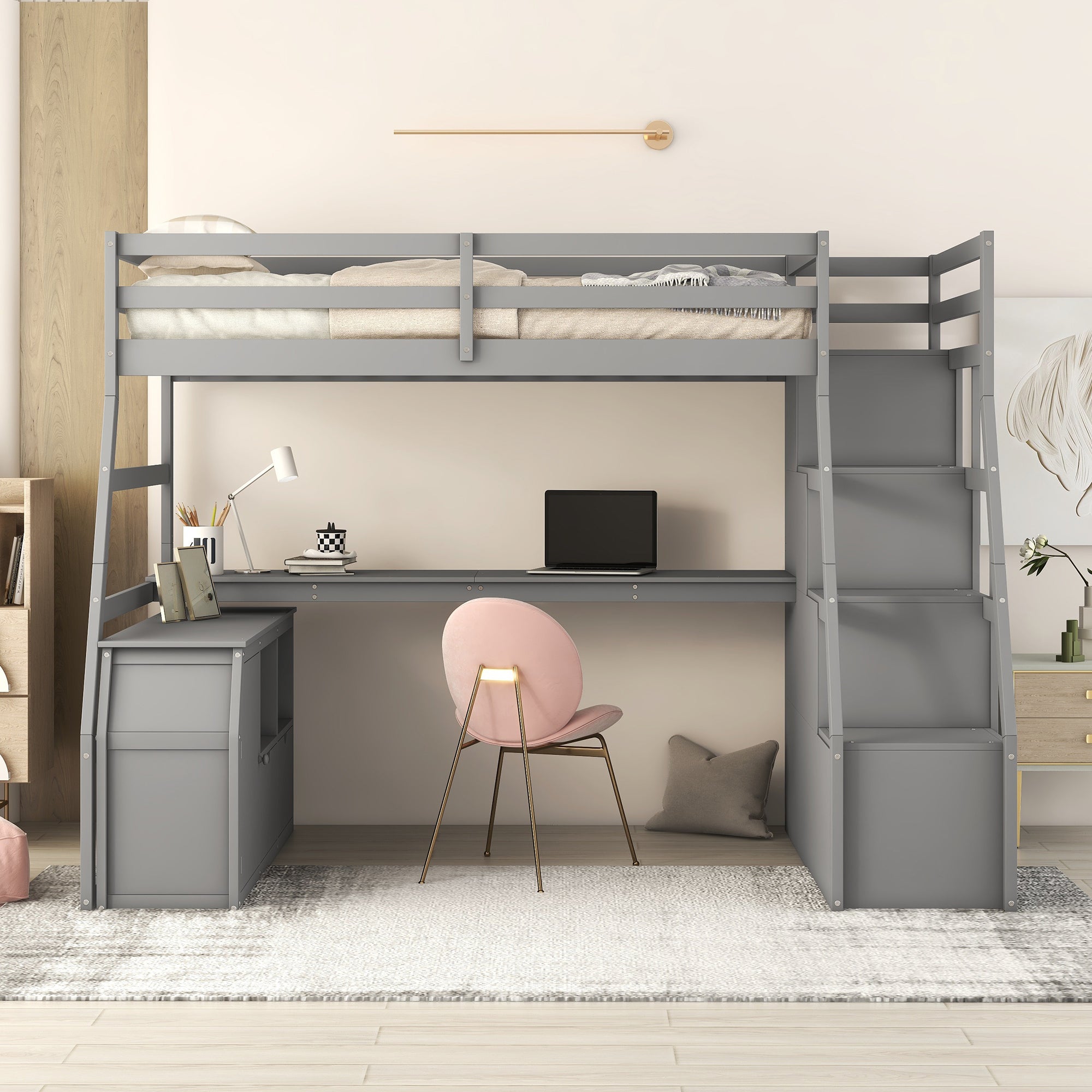 Twin Size Loft Bed with 7 Drawers 2 Shelves and Desk