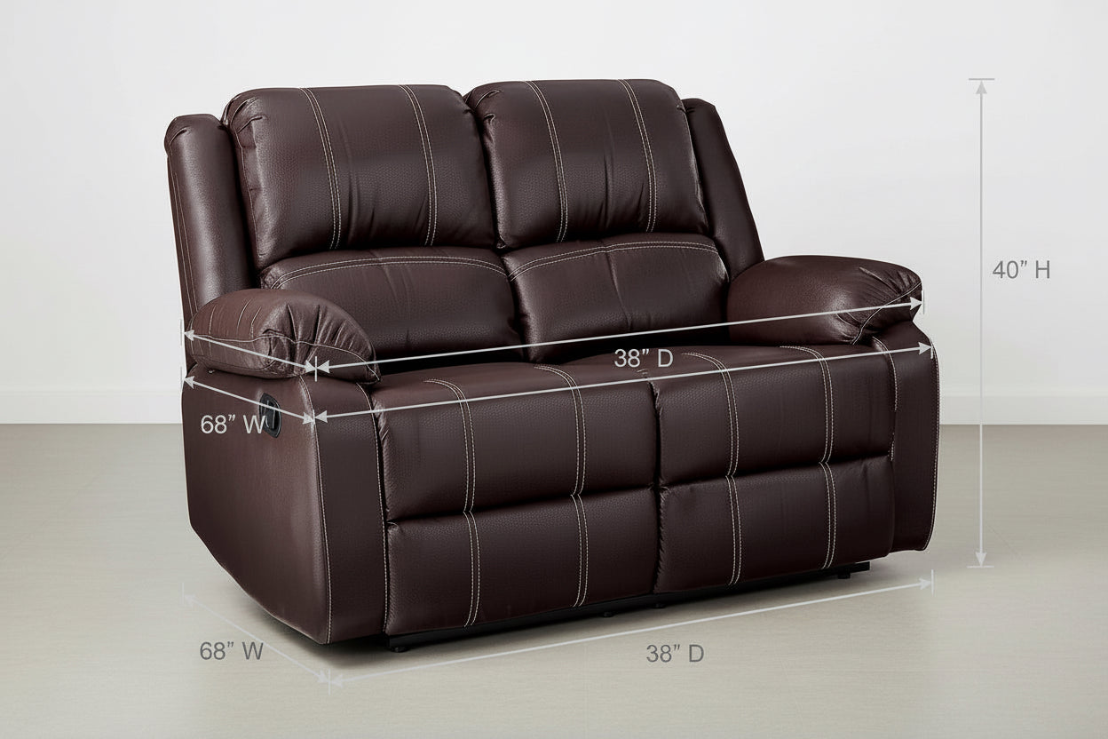Brown leather sofa with dimensions indicated on a white background