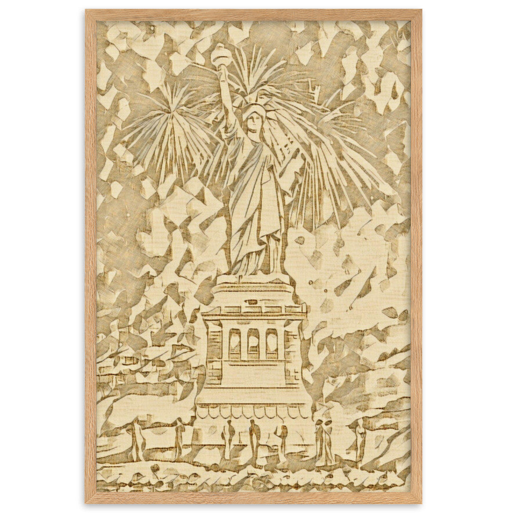 Wooden relief sculpture of the Statue of Liberty with fireworks in the background