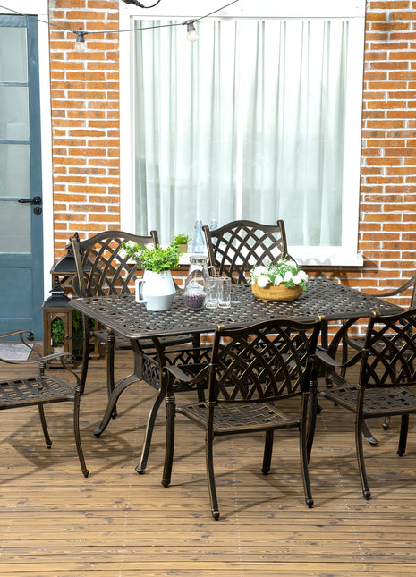 6-Seater Patio Dining Set with Umbrella Hole, Cast Aluminum Patio Furniture Set with Six Cushioned Chairs and Rectangle Dining Table, Bronze-1