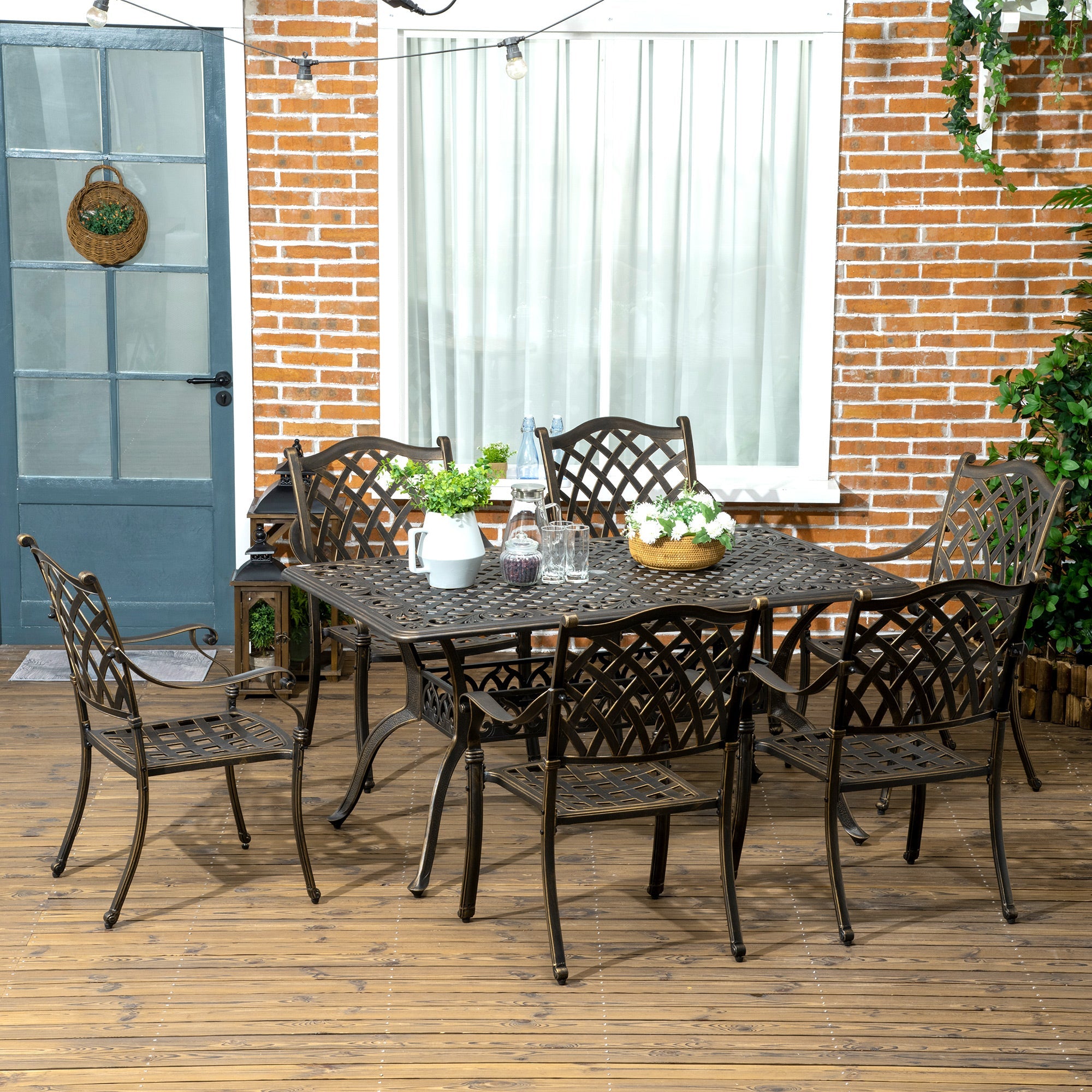 6-Seater Patio Dining Set with Umbrella Hole, Cast Aluminum Patio Furniture Set with Six Cushioned Chairs and Rectangle Dining Table, Bronze-1