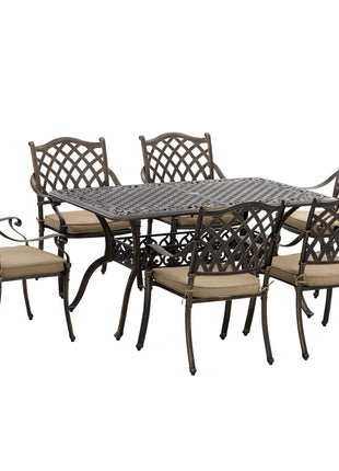 6-Seater Patio Dining Set with Umbrella Hole, Cast Aluminum Patio Furniture Set with Six Cushioned Chairs and Rectangle Dining Table, Bronze-0