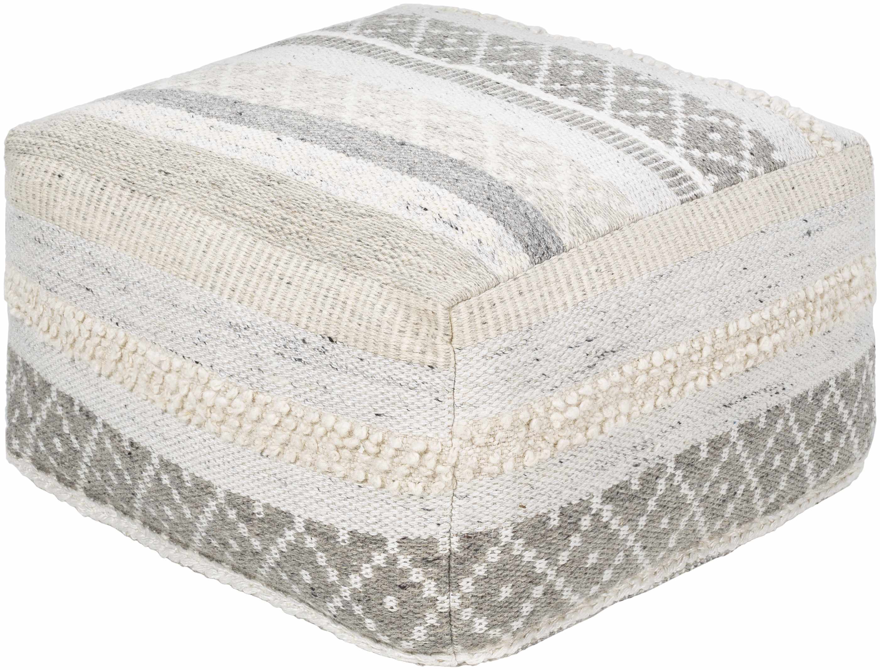 Textured cube ottoman with white and gray pattern on a white background