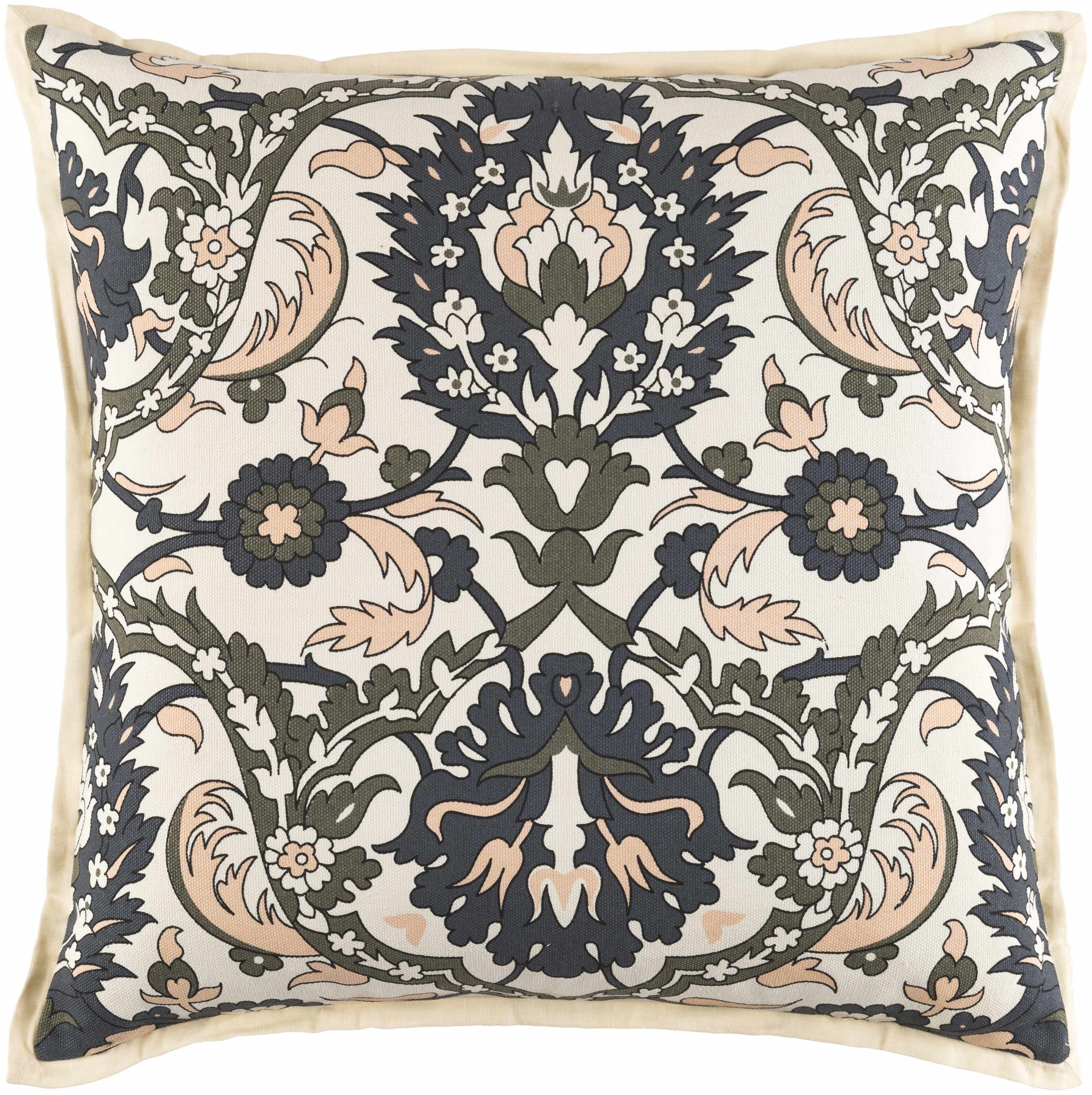 Decorative pillow with intricate floral and paisley pattern on a beige background
