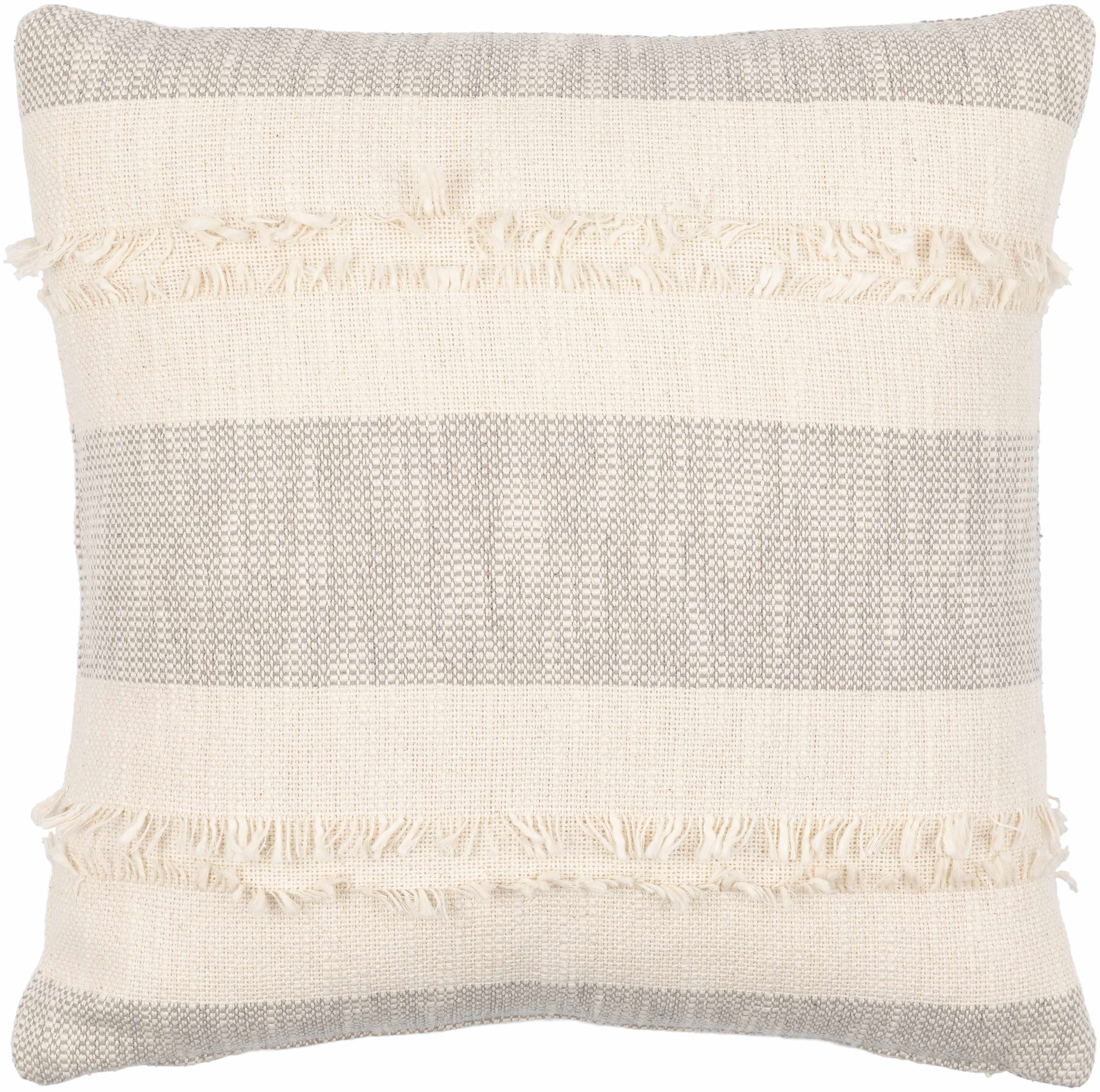 Decorative pillow with textured pattern and frayed edges on a white background