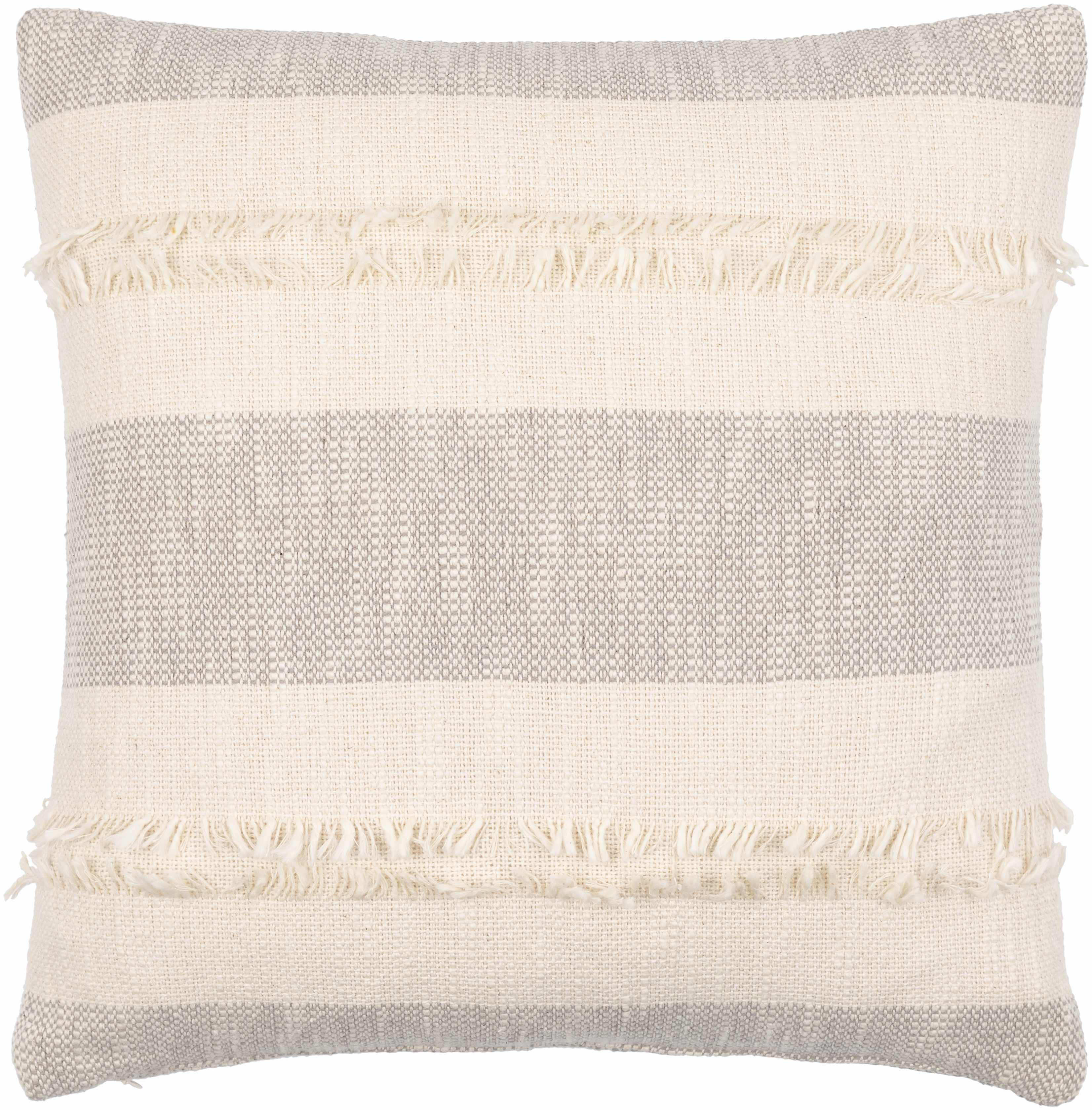 Textured pillow with horizontal stripes in beige, gray, and white on a white background
