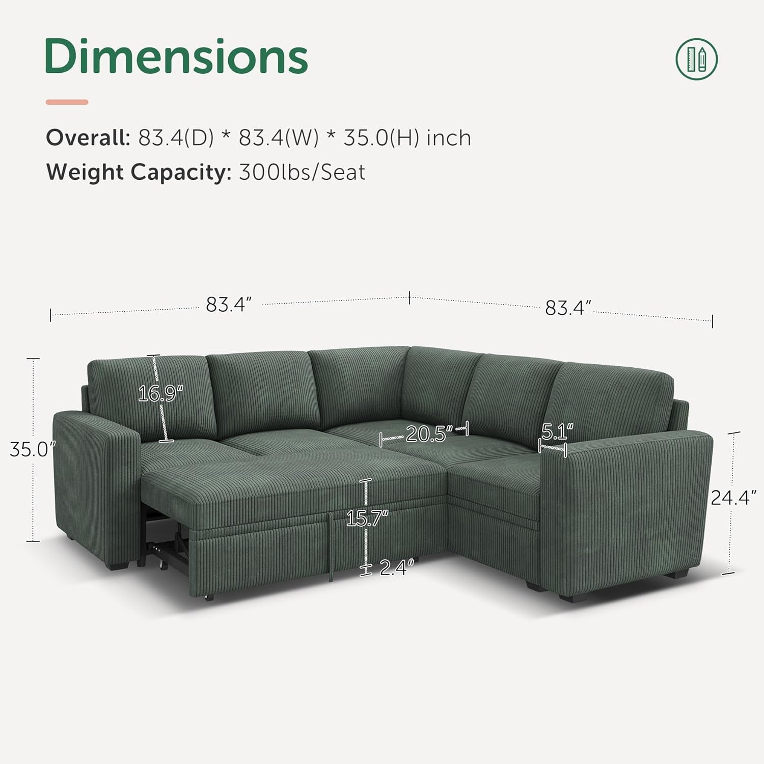 Green Corduroy Sectional Sleeper Sofa With Storage-1