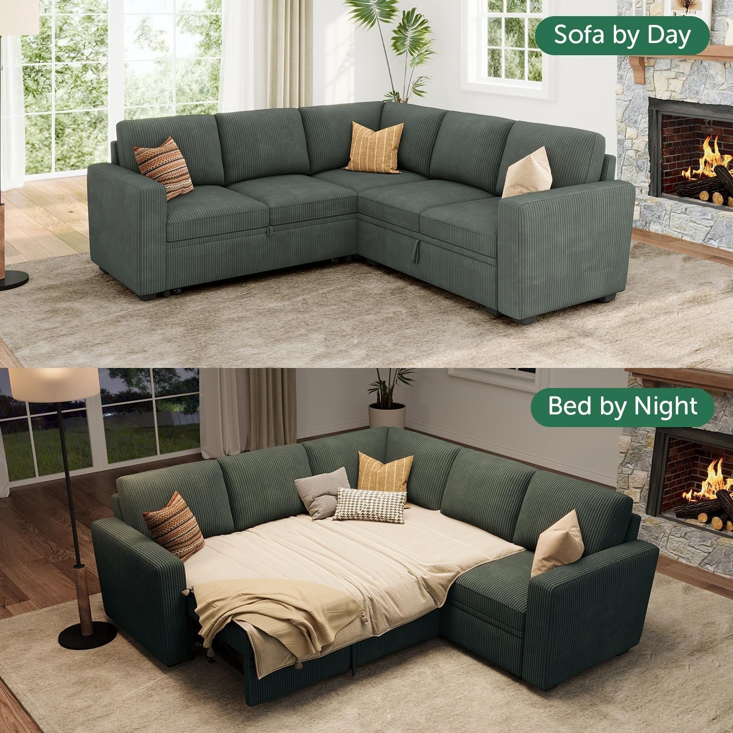 Green Corduroy Sectional Sleeper Sofa With Storage-2