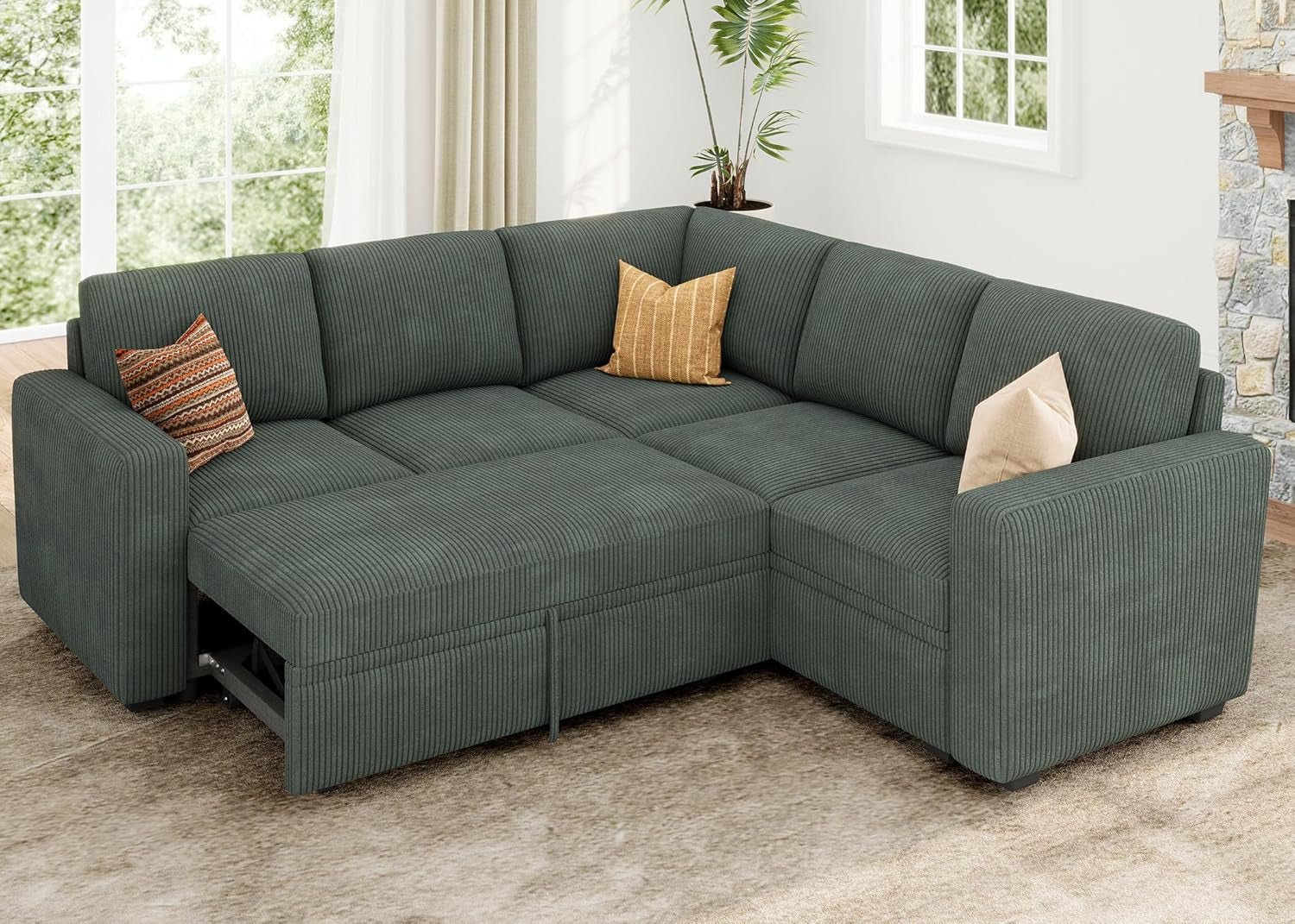 Green Corduroy Sectional Sleeper Sofa With Storage-0