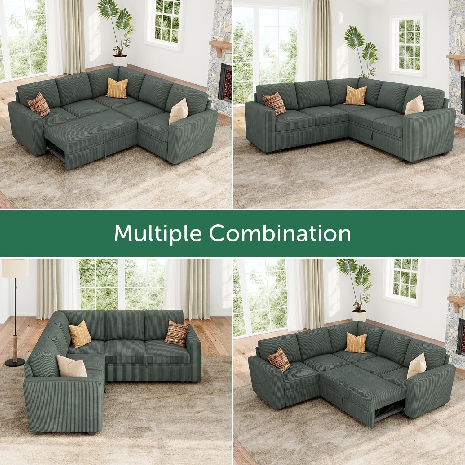 Green Corduroy Sectional Sleeper Sofa With Storage-3
