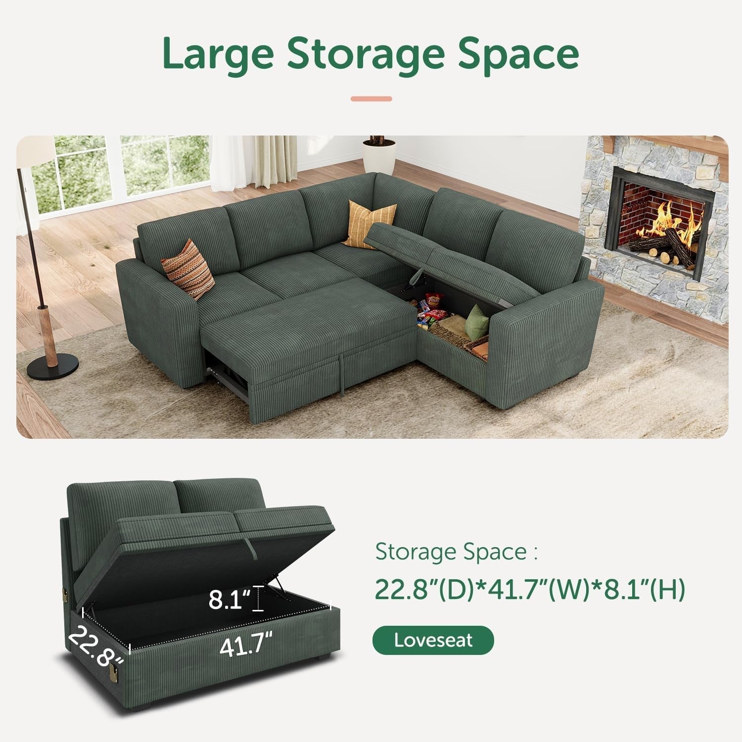 Green Corduroy Sectional Sleeper Sofa With Storage-4