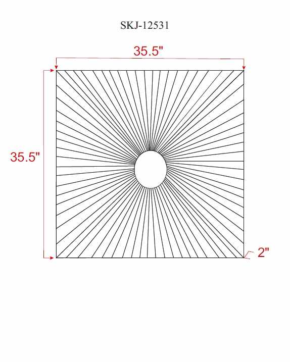Measurement chart with a geometric design and dimensions on a white background