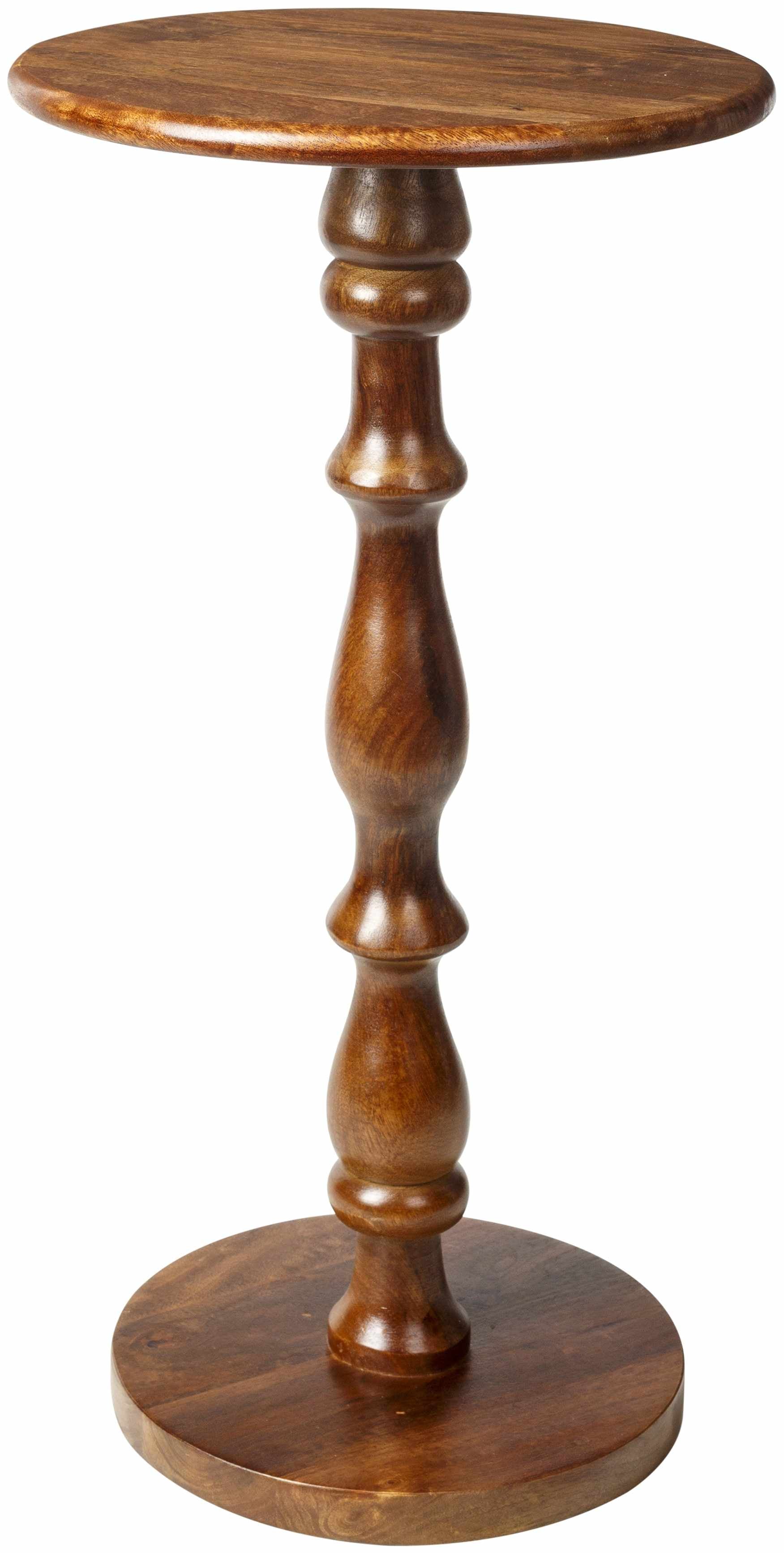 Wooden side table with a round top and cylindrical pedestal base on a white background