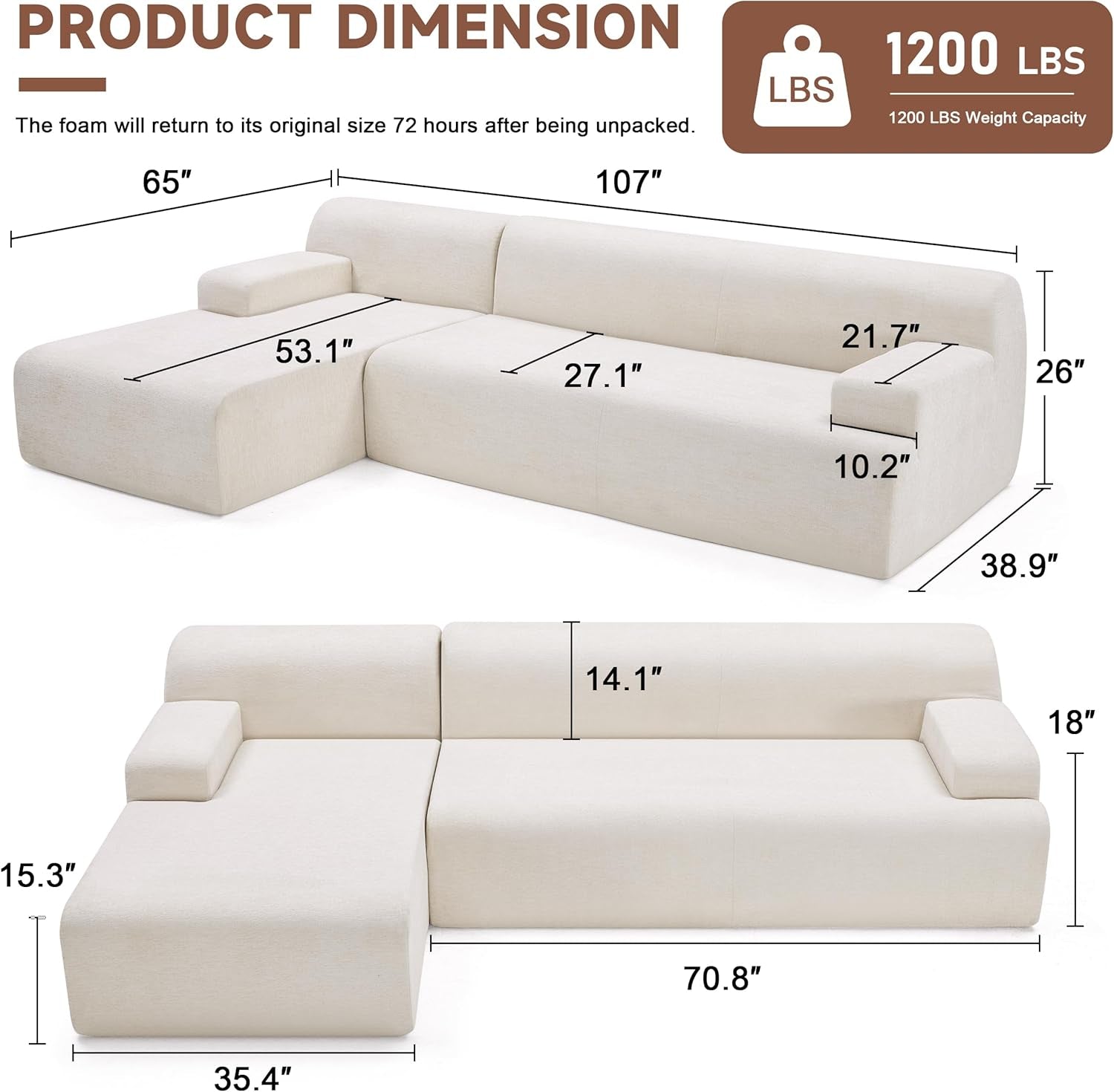 Measurement chart of a sectional sofa with dimensions and weight capacity label.