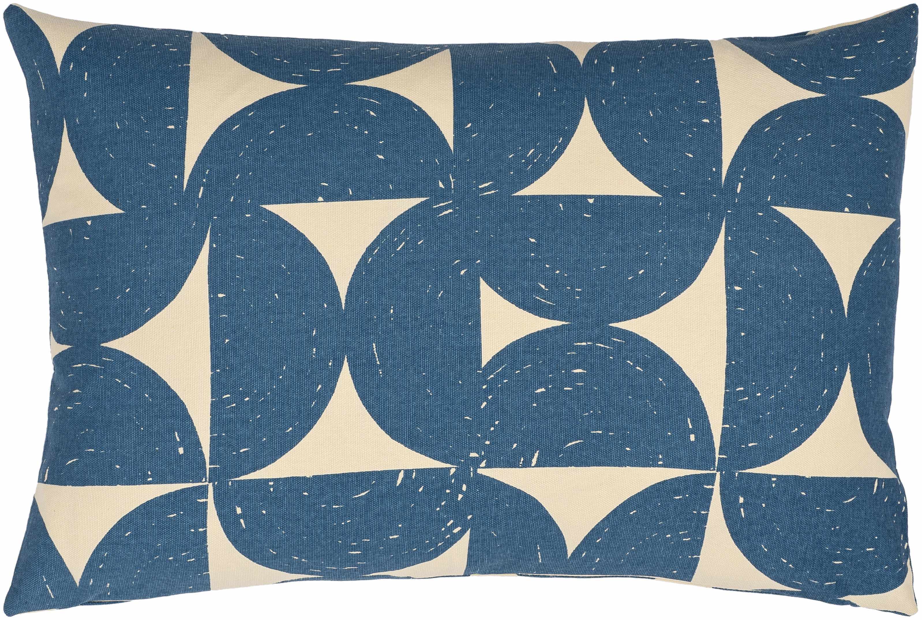Decorative pillow with blue and beige geometric pattern