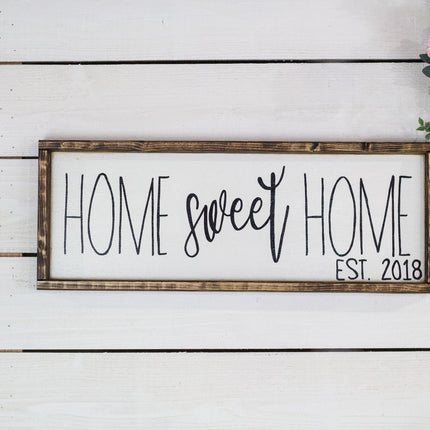 Decorative sign with 'Home sweet Home' text on a wooden background with flowers.