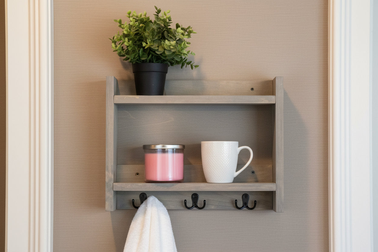 Wooden shelf with hooks, candles, and plants against a white wooden wall.