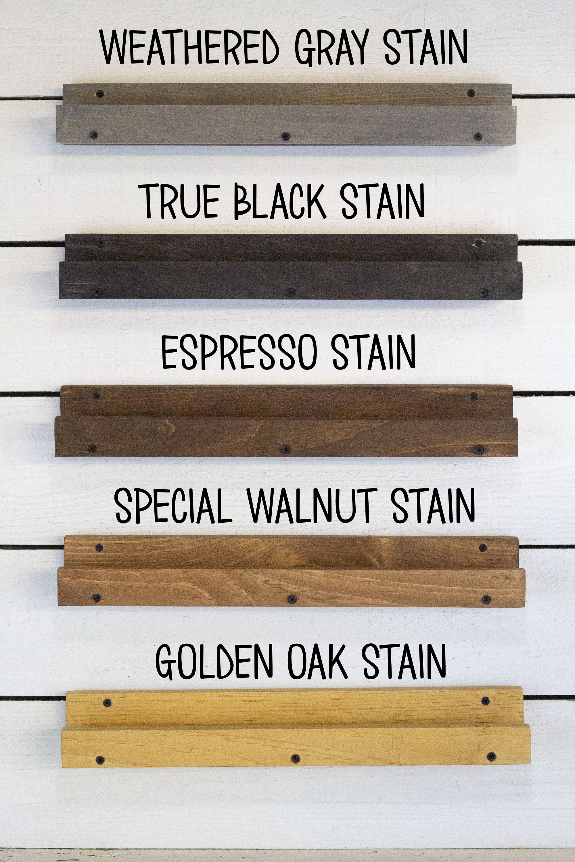 Wooden planks with different stains labeled on a white background