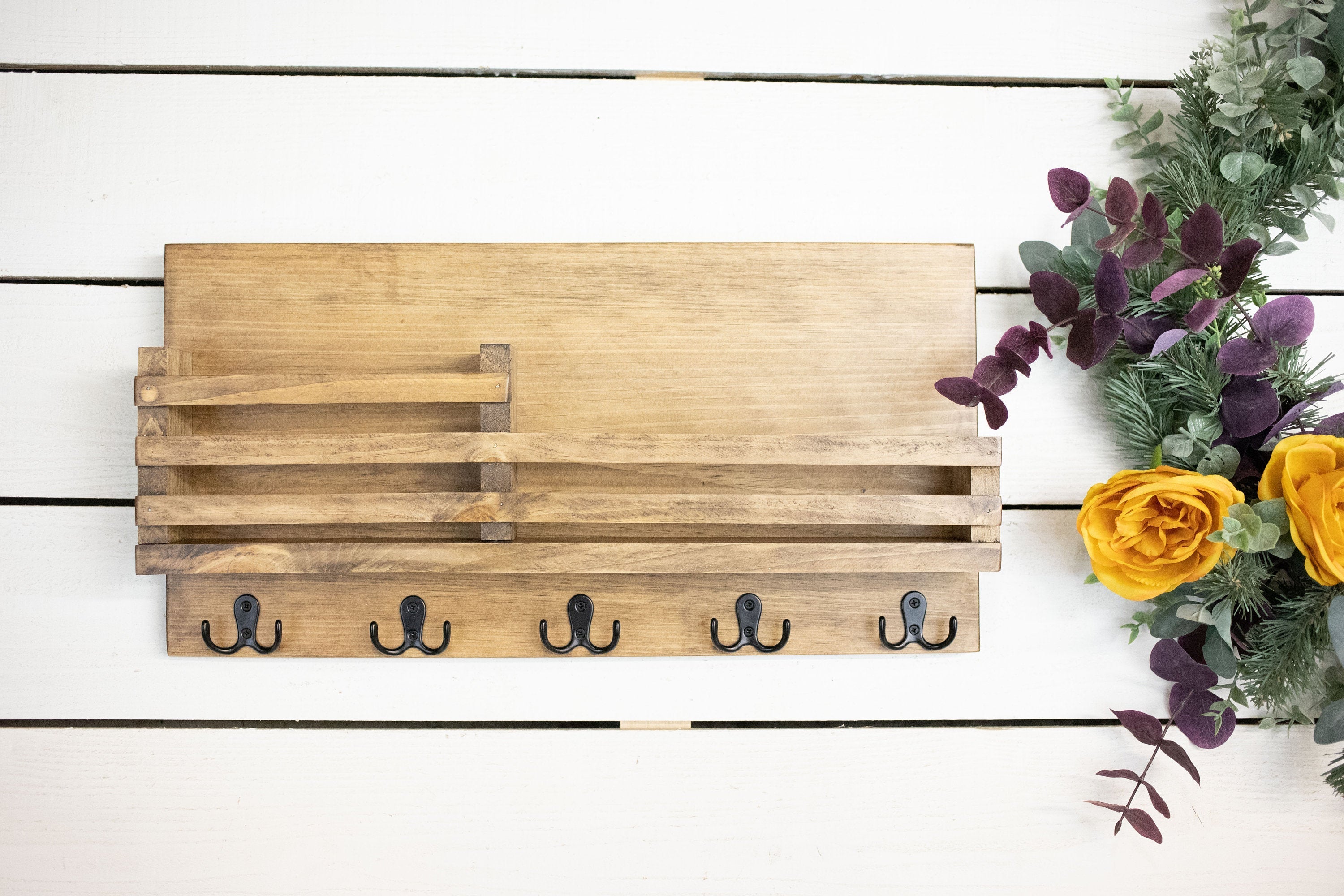 Wall Key + Mail Wood Organizer with Shelf + Railing