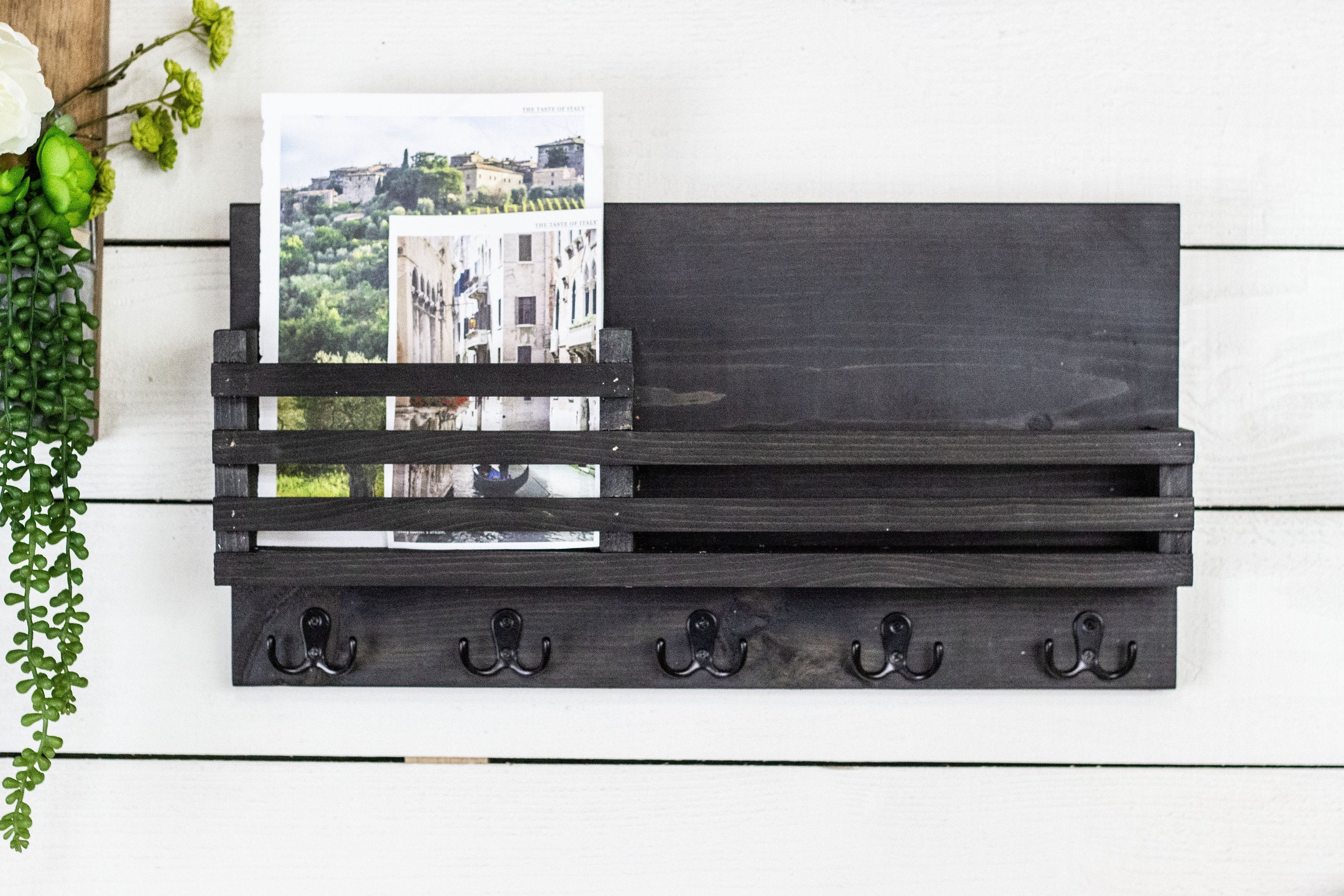 Wall Key + Mail Wood Organizer with Shelf + Railing