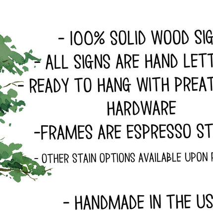 Wooden sign with green tree illustration and text about product features on a white background