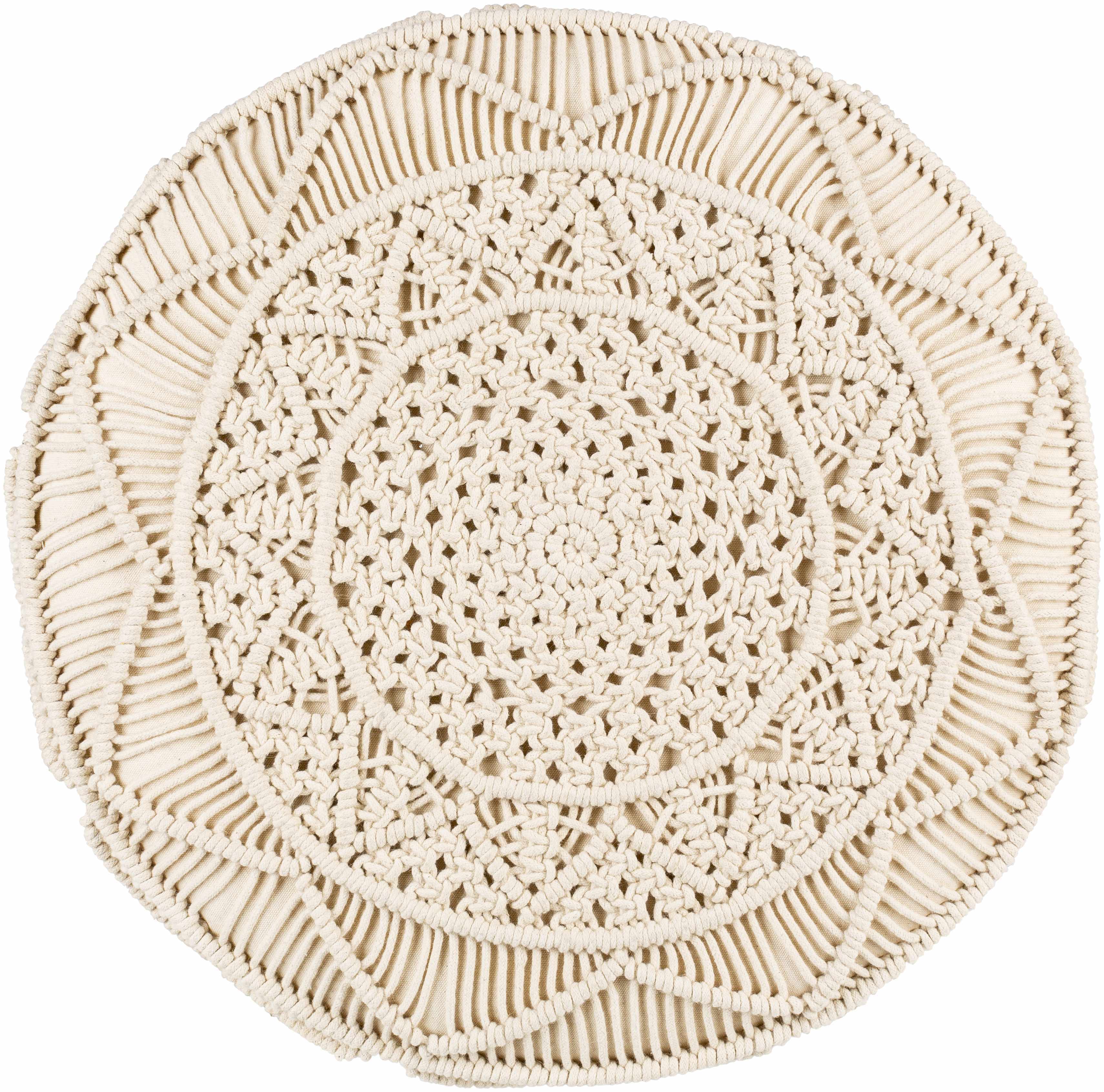 Round beige crocheted mat on a white background